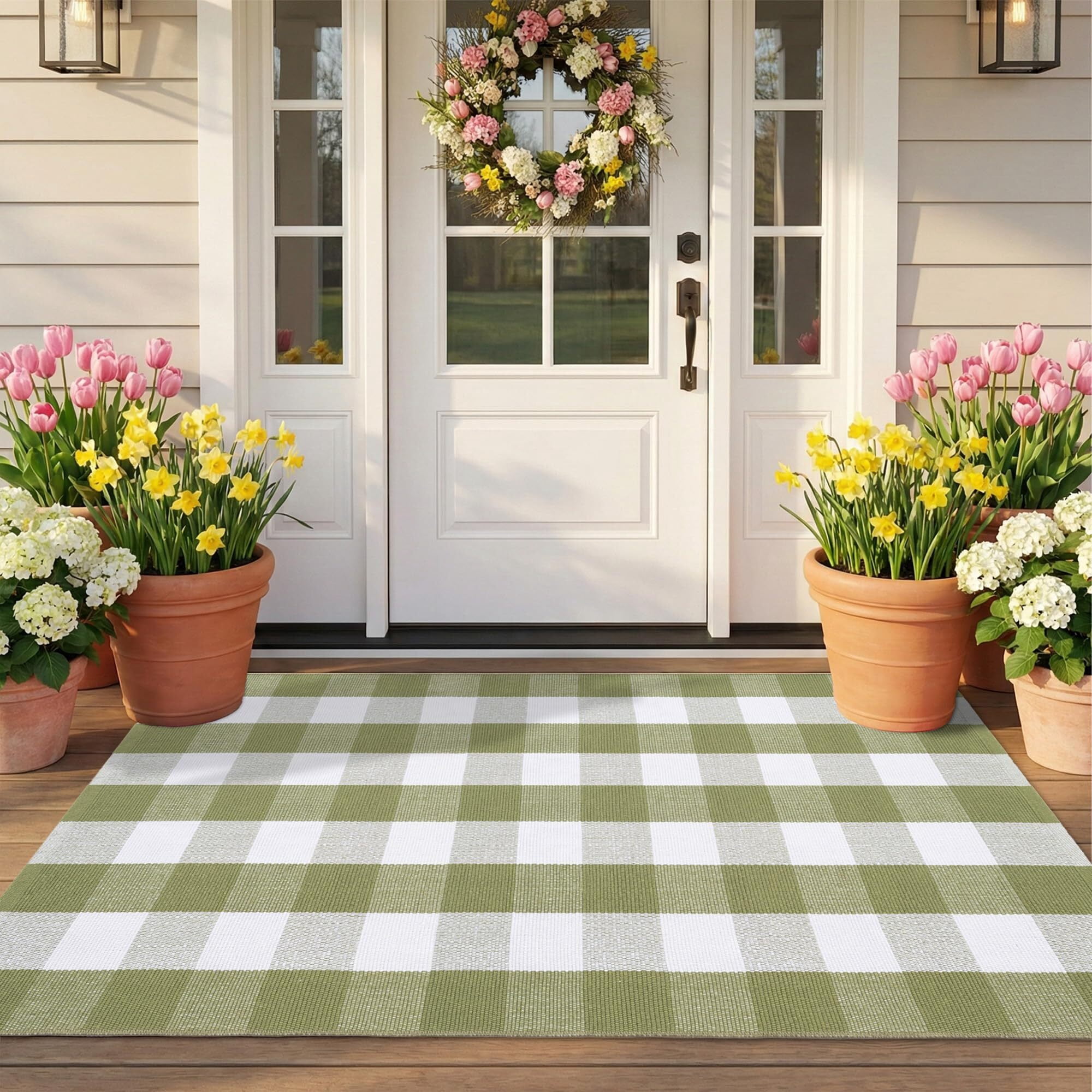 Spring Green Plaid Rug 3x5 Washable Cotton Blend Layered Doormat Front ...