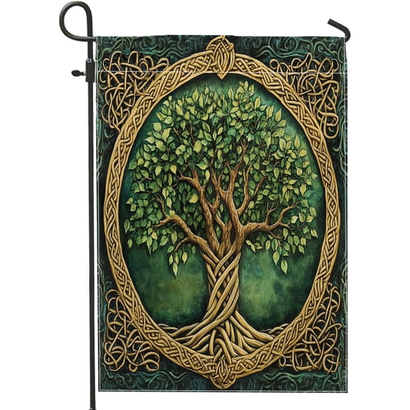 Spring Green Relief Tree of Life Garden Flag, 12 x 18 Inch Double Sided Burlap Outdoor Lawn Flag, 3D Retro Design for Yard and Backyard Decor