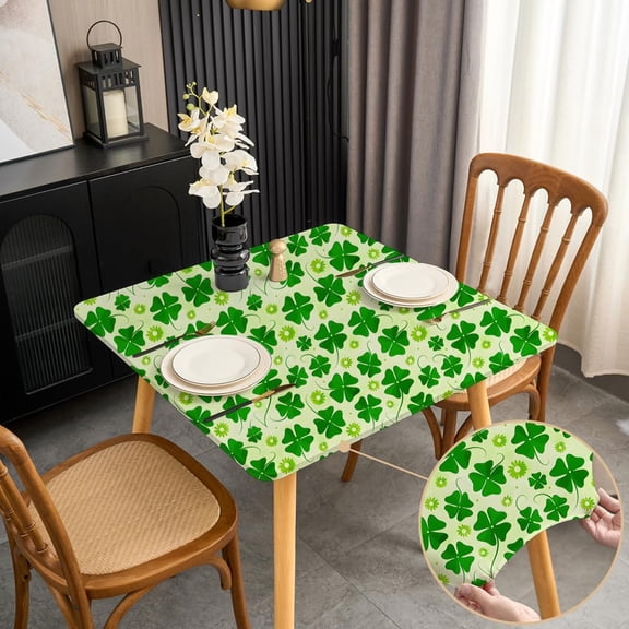 Spring Green Small Outdoor Square Tablecloth 34x34 Inch Fitted Card Table Cover with Elastic Stretchy Washable Fabric Coffee Table Cloth Wrinkle Free Non Slip Clover Leaves
