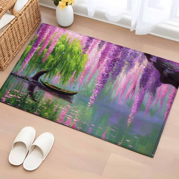 Spring Green Tree 2'x3' Rug for Entryway Front Door Kitchen Sink Area, Pink Vine Flower Boat Lake Oil Painting Low Pile Non Slip Rectangle Area Rug, Machine Washable Indoor Outdoor Mat