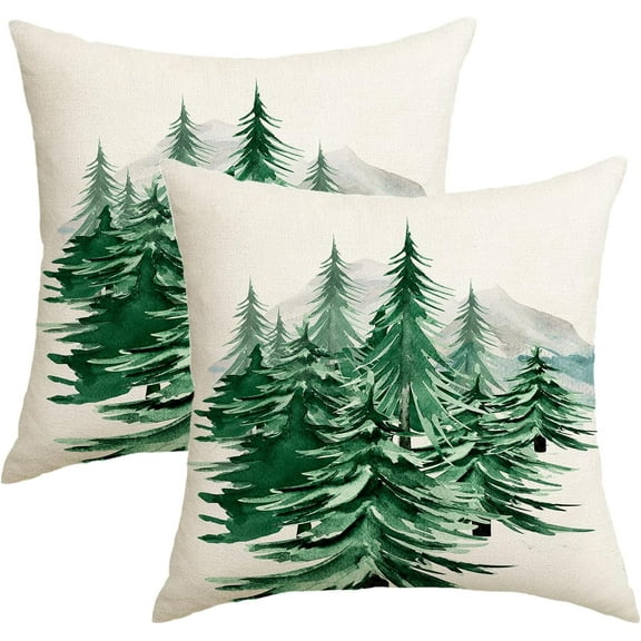 Spring Green Tree Throw Pillow Covers 18x18 Set of 2 Winter Christmas Nature Forest Trees Mountain Outdoor Pillows Cover Xmas Farmhouse Linen Decorative Cushion Case for Couch Bed Decor