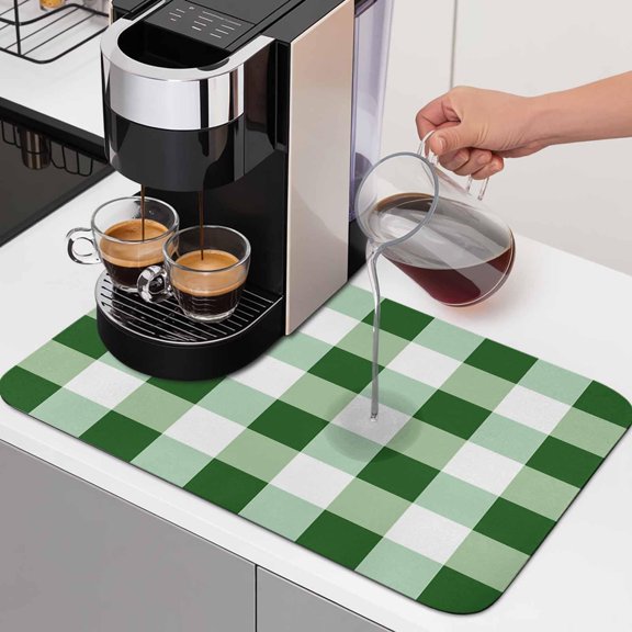 Spring Green White Plaid Dish Drying Mat,Absorbent Diatomaceous Earth Mats Easter Gingham St. Patrick's Day Coffee Mat Dishes Drainer Pad for Kitchen Counter Rack Sink Utensils,12x16in