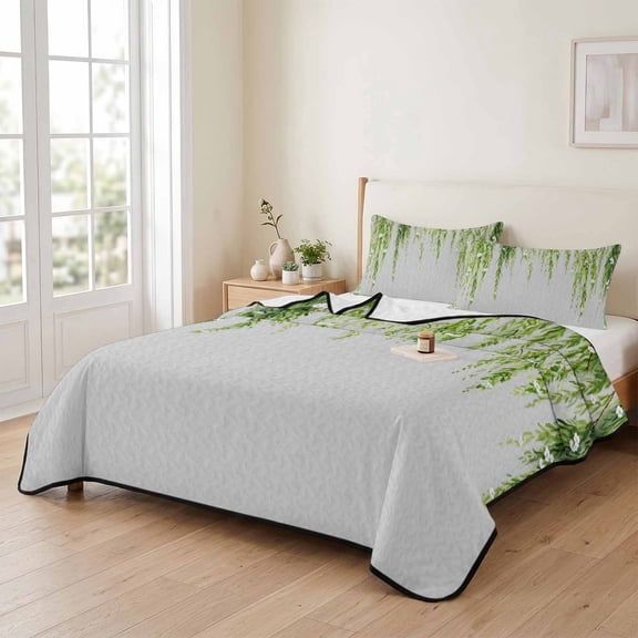 Spring Green Willows Flower 3 Pieces Quilt Set,1 Quilt with 2 Shams,Rustic Leaf Floral on Gray Bedspread Soft Lightweight Bedding Coverlet Comforter Set for All Season 90"x96"