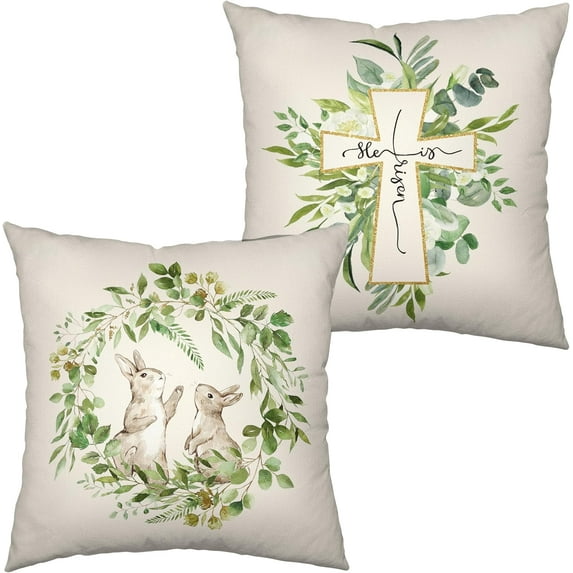 Spring Green Wreath Garland Throw Pillow Covers Easter Bunny Rabbit Pillow Case 20x20 He is Risen Cross Cushion Case for Living Room Home Decor Outdoor Car Set of 2