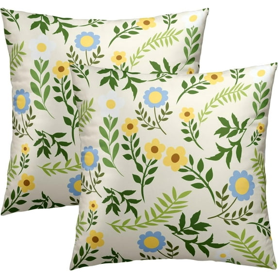 Spring Green and Yellow Flowers Pillowcase Set of 2 Cute Floral Leaf Print Decor Throw Pillows Square 16x16 Inch Summer Farmhouse Pillow Cushion Covers for Home Living Room Bed Sofa Outdoor Couch