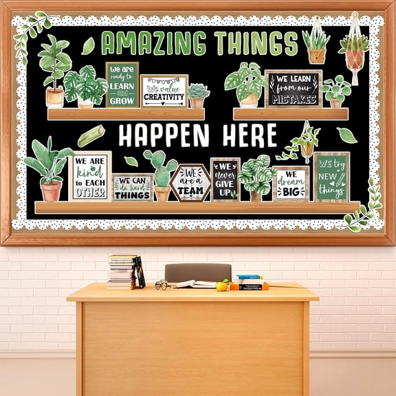 Summer Greenery Bookshelf Bulletin Board Motivational Quotes Potted Plant Cutouts Amazing Things Happen Here Classroom Bulletin Board Decoration for Back to School Chalkboard Wall Door Decorations