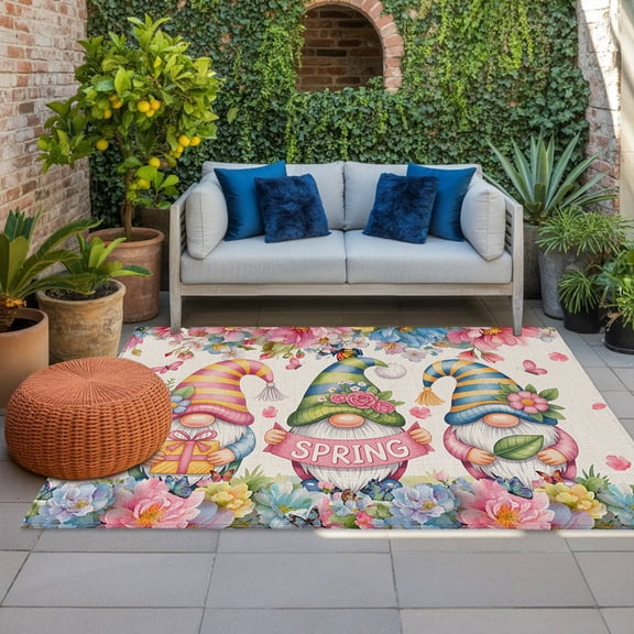 Spring Greetings Indoor Outdoor Rugs 6x9 Ft, Rustic Gnome Floral Butterfly Linen Texture Outdoor Patio Rugs Mat Washable Outside Area Rugs Carpet for Porch Deck RV Camping Pool Balcony Backyard