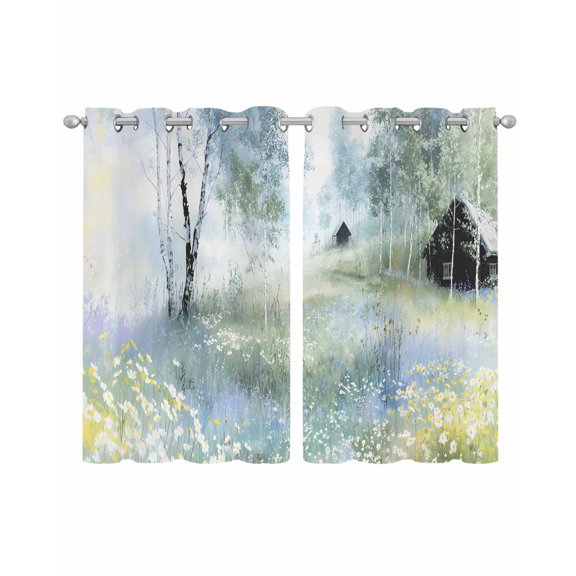 Spring Grey Green Sheer Curtains 39 Inch Length 2 Panels Set for Living Room/Bedroom, Country Oil Painting Cabin Flowers Trees Kitchen Curtains Grommet Curtains Window Treatments 27.5"x39"x2