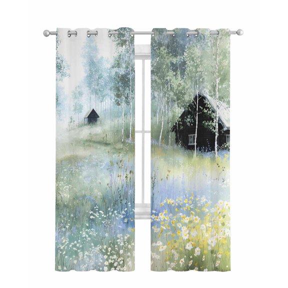 Spring Grey Green Sheer Curtains 84 Inch Length 2 Panels Set for Living Room/Bedroom, Country Oil Painting Cabin Flowers Trees Kitchen Curtains Grommet Semi-Sheer Curtains Window Treatments 52"x84"x2