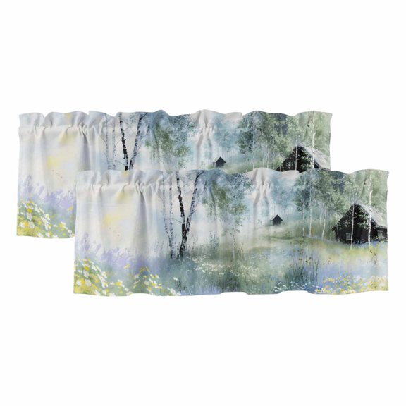 Spring Grey Green Valances for Windows, Decorative Rod Pocket Window Valance Curtains, Country Oil Painting Cabin Flowers Trees Short Curtain Drapes for Kitchen/Living Room, 2 Panels, 42" W x 18" L
