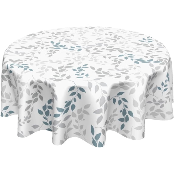 Spring Grey Teal Leaf Round Tablecloth 60 Inch Leaves Spring Summer Decorative Table Cloth Rustic Farmhouse Washable Polyester Table Cover for Kitchen Dining Room Party Home Decor