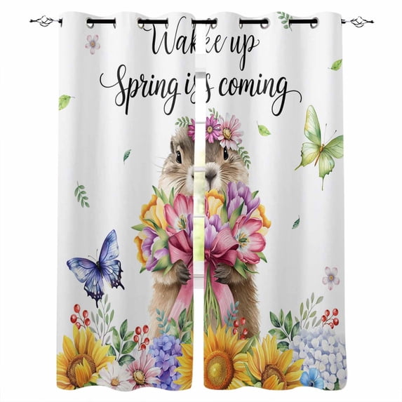 Spring Groundhog Blackout Curtains for Bedroom Living Room Darkening Curtains 84 Inch Length 2 Panels Set Watercolor Sunflower Botanical Butterfly Window Curtain Window Treatment Drapes 52"x84"