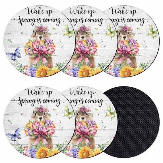 Spring Groundhog Coasters Set of 6, Absorbent Coasters for Drinks, Watercolor Sunflower Botanical Vintage Coaster for Desk Coffee Table Protection, Home Decor House Warming Gifts 4"