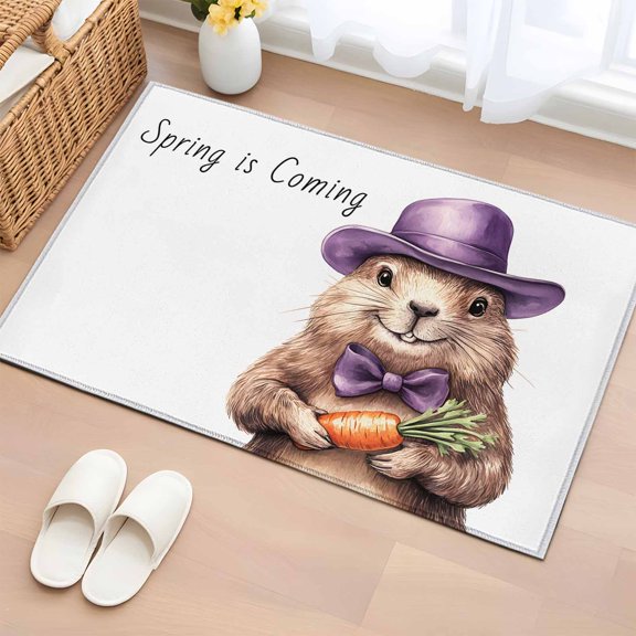 Spring Groundhog Festival Bathroom Rug Washable 2x3 Entryway Rug Non Slip Carrot Pastoral Country Animal Front Door Mat Low Pile Indoor Doormat Throw Floor Carpet for Kitchen Bedroom Entrance