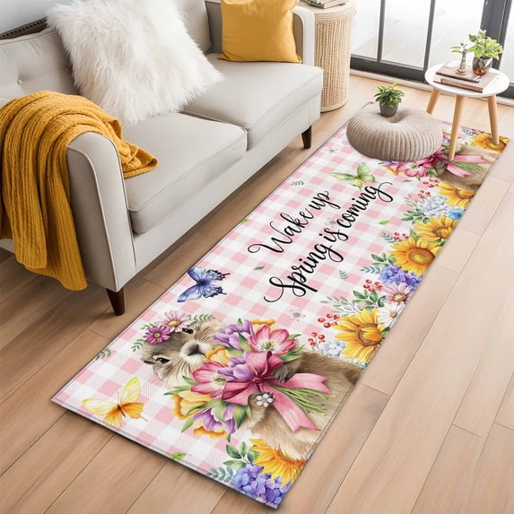 Spring Groundhog Kitchen Runner Rug 2x6 Washable Runners for Hallway Non Slip Watercolor Sunflower Botanical Pink Plaid Large Area Rug Indoor Floor Carpet for Bathroom Laundry Entryway Bedroom