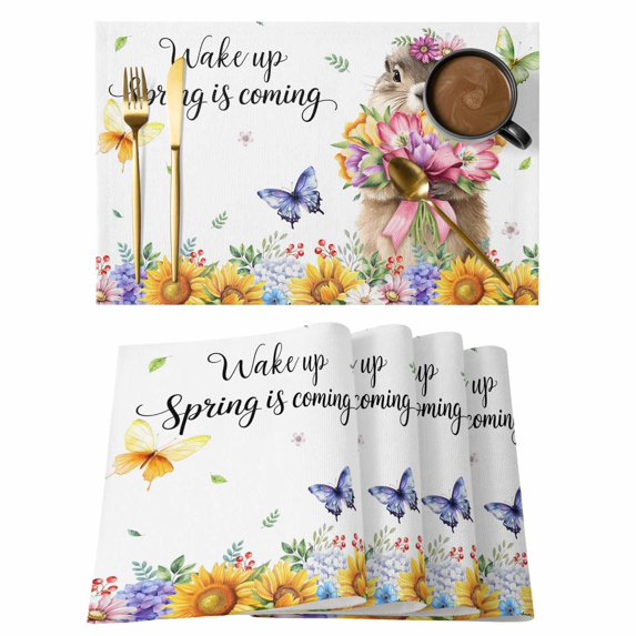 Spring Groundhog Placemats Set of 4, Watercolor Sunflower Botanical Butterfly Placemats for Dining Table, Place Mats for Kitchen Tabletop, Waterproof Wipeable Dining Table Mats Set