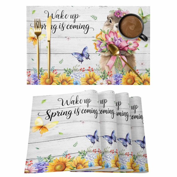 Spring Groundhog Placemats Set of 4, Watercolor Sunflower Botanical Vintage Placemats for Dining Table, Place Mats for Kitchen Tabletop, Waterproof Wipeable Dining Table Mats Set