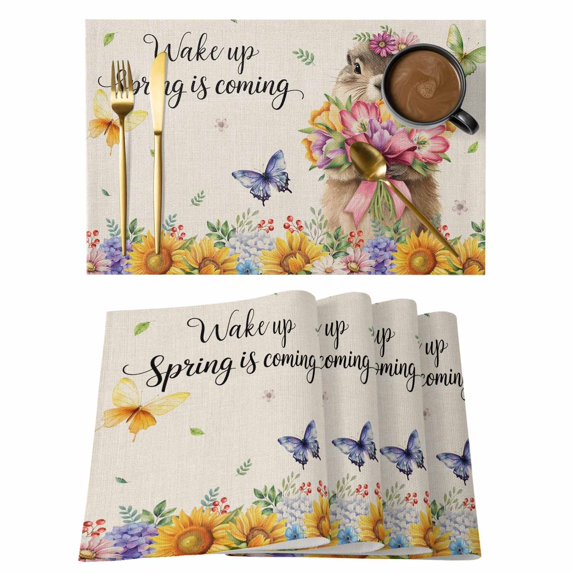 Spring Groundhog Placemats Set of 6, Watercolor Sunflower Botanical Rustic Placemats for Dining Table, Place Mats for Kitchen Tabletop, Waterproof Wipeable Dining Table Mats Set