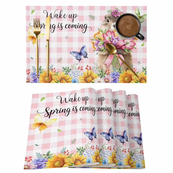 Spring Groundhog Placemats Set of 8, Watercolor Sunflower Botanical Pink Plaid Placemats for Dining Table, Place Mats for Kitchen Tabletop, Waterproof Wipeable Dining Table Mats Set