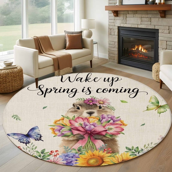 Spring Groundhog Round Rug 8ft Washable Circle Rugs Non Slip Watercolor Sunflower Botanical Rustic Large Area Rug Indoor Floor Carpet for Bedroom Kitchen Living Room Home Office Dining Room Nursery
