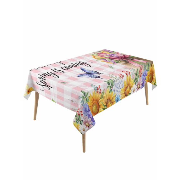 Spring Groundhog Table Cloth, Waterproof Tablecloth for Rectangle Tables, Watercolor Sunflower Botanical Pink Plaid Reusable Washable Fabric Table Cover for Restaurant Kitchen Dining Tables 54"x108"