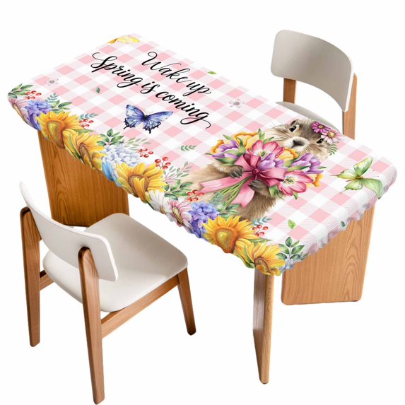Spring Groundhog Table Cloths for 3 Foot Rectangle Tables, Watercolor Sunflower Botanical Pink Plaid Patio Waterproof Elastic Fitted Tablecloths, Washable Rectangular Table Cover for Camping