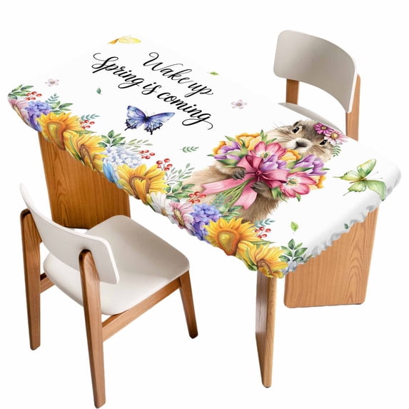 Spring Groundhog Table Cloths for 4 Foot Rectangle Tables, Watercolor Sunflower Botanical Butterfly Patio Waterproof Elastic Fitted Tablecloths, Washable Rectangular Table Cover for Camping