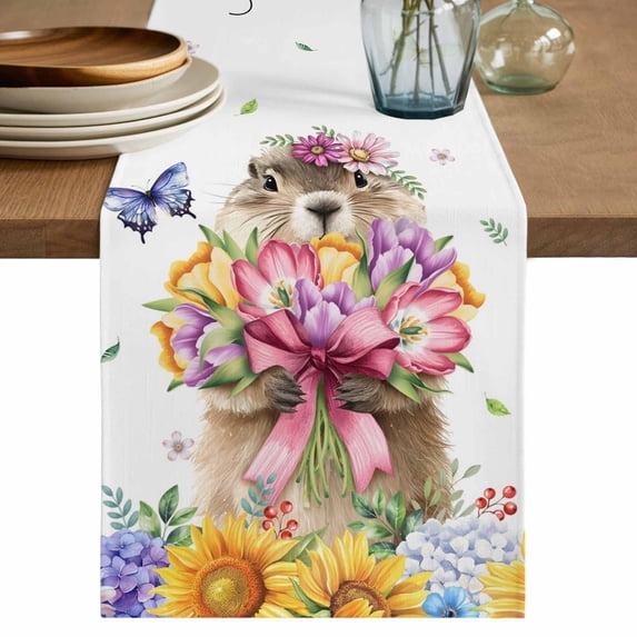Spring Groundhog Table Runner 72 Inches, Watercolor Sunflower Botanical Butterfly Bed Runner Dresser Scarves Tabletop for Indoor Outdoor Parties/Ceremony/Banquet, 16" x 72"