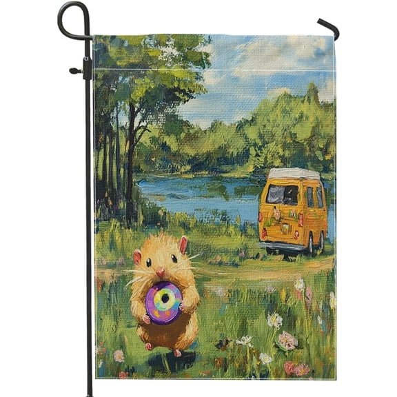 Spring Hamster Camping Garden Flag 12x18 Inch Double Sided Canvas Outdoor House Flag with Fun Animal RV Scenic Pattern for Yard or Lawn