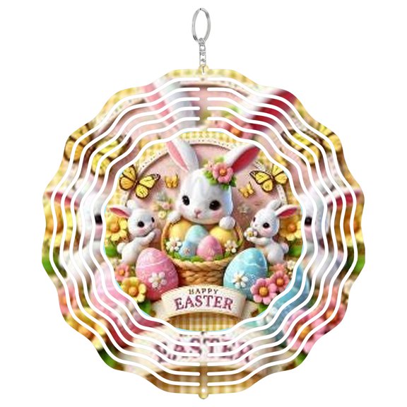 Spring Happy Easter Yellow Gingham Bunny 3D Wind Spinner Stainless Steel Kinetic Art Holiday Garden Decor 10 Inch