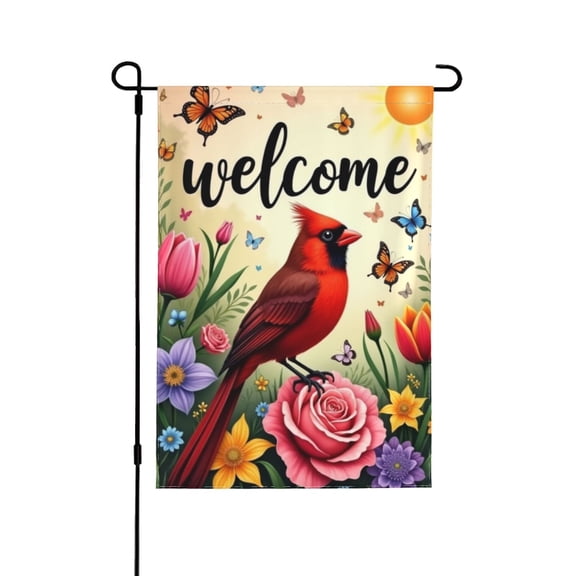 Spring Happy Garden Flag Welcome For Outside Red Cardinal Bird On Pink Roses With Butterflies11218 In Double Yard Flag Outdoor Farmhouse Decoration Home Festival Gazebo Terrace Mother's Day