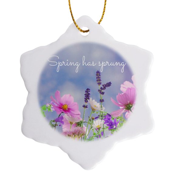 3drose, Spring Has Sprung Written on an Abstract Photo of Wildflowers., 3 inch Snowflake Porcelain Ornament