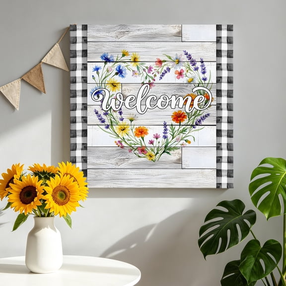 Spring Heart Floral Wreath Canvas Wall Art, Rustic Flower Yellow Blue Gray Wood Grain Pictures Wall Decor Wooden Framed Artwork Art Prints for Living Room Hallway Bedroom Office 8"x8"