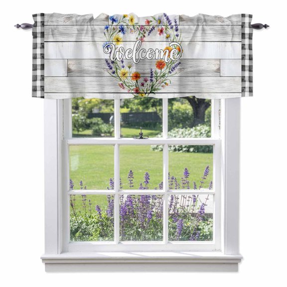 Spring Heart Floral Wreath Valances for Windows, Rustic Flower Yellow Blue Gray Wood Grain Valance Window Treatment Rod Pocket Short Curtains Valances for Kitchen Bathroom 42"W x 12"L