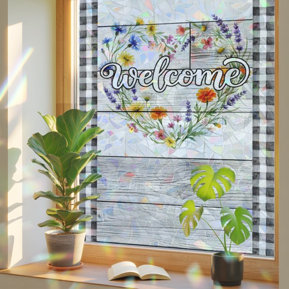 Spring Heart Floral Wreath Window Privacy Film, Rustic Flower Yellow Blue Gray Wood Grain Static Cling Stained Glass Window Sticker Decorative Removable Rainbow Film for Glass 17.7”x39.3”