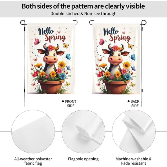 Spring Hello Cow Garden Flag 12x18 Inch Double Sided Cute Cow in Flower Pot Outdoor Farmhouse Yard Decoration