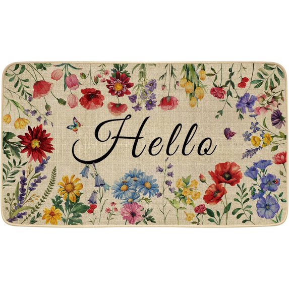 Spring Hello Door Mat Welcome Decor Doormat, Summer Flower Plant Decorative Indoor Outdoor Non-Slip Mat for Home Entrance, Outside Entry, Floor, Patio 17x30 Inches