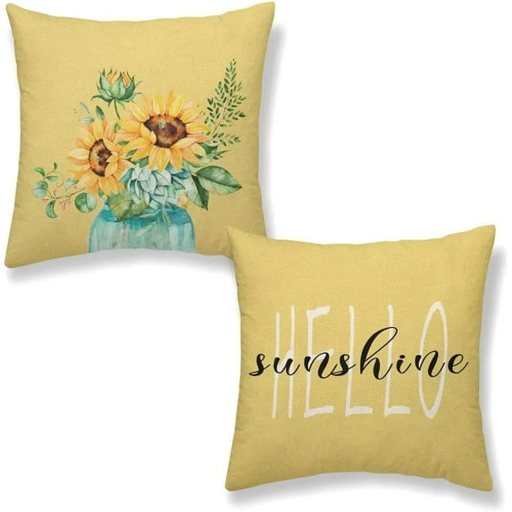 Spring Hello Sunshine Pillow Cover 16x16 Set of 2, Summer Yellow Sunflower Throw Pillow Covers Watercolor Flower Cushion Case Farmhouse Linen Decorative Gifts for Home Couch Sofa Indoor Outdoor