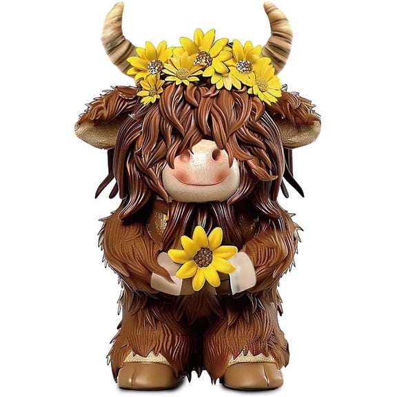 Spring Highland Cow Decor, Brown Highland Cow Gnomes Resin Figurine with Sunflower Decor, Calf Gnome Herd Decor Farmhouse Tiered Tray Decor Summer Garden Decor