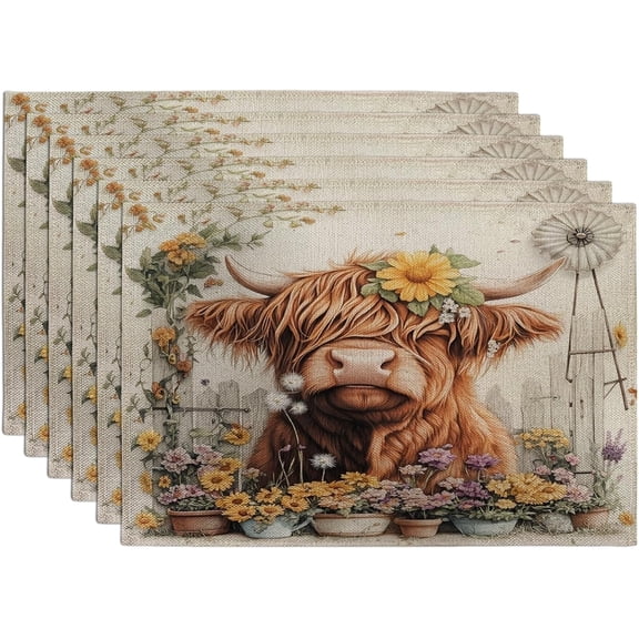 Spring Highland Cow Placemats Set of 6, 12x18 Inch, Farmhouse Fence Animal 6Pcs Table Mats for Dinning, Country Farm Landscape Pattern Holiday Home Kitchen Decor