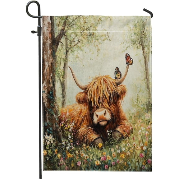 Spring Highland Cows Garden Flag 12x18 Inch Funny Butterfly Pattern Standard Linen House Flag for Front Yard Backyard Lawn Outdoor Decor