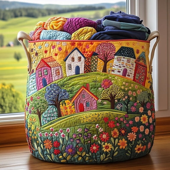 Spring Hillside Quilted Laundry Basket, Floral Laundry Hamper, Large Dirty Clothes Basket, Farmhouse Laundry Room Decor Gift