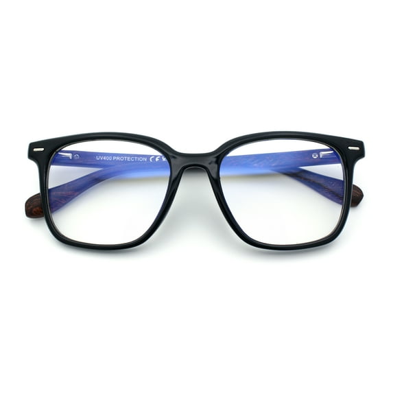 Spring Hinge Woodbuff Arm Studious Horn Rim Plastic Blue Light Filter Eyeglasses Black Brown Wood Grain