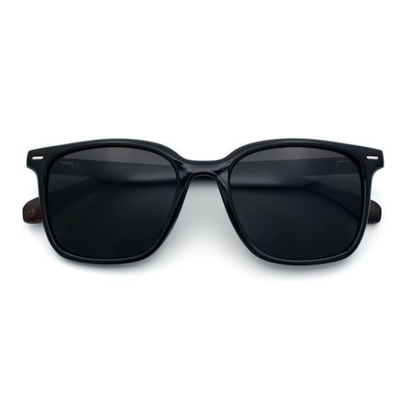 Spring Hinge Woodbuff Arm Studious Horn Rim Plastic Sunglasses Black Brown Wood Grain - Black