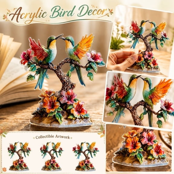Spring Home Accent Piece, Spring Decorations for Home, Spring Table Centerpiece, Bird Figurines Home Decor, 8X8X0.5 Inch 1Pc 2D Acrylic Handmade Hummingbird Decoration for Table