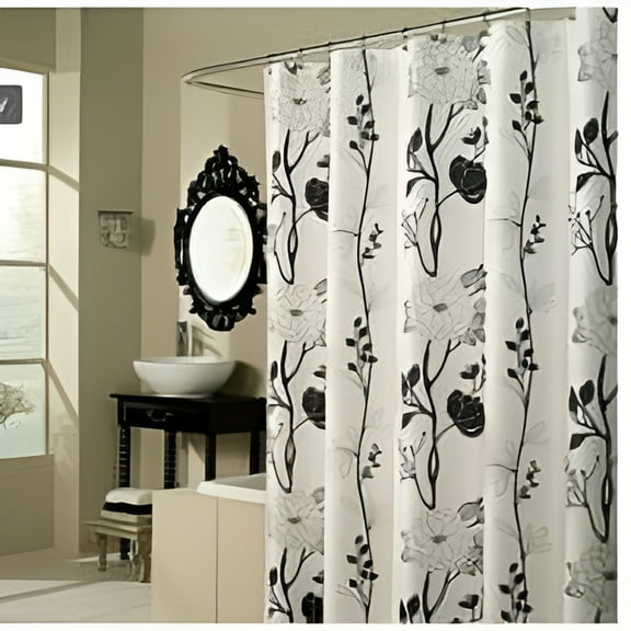 Spring Home Black and White Flower Fabric Shower Curtain, 71 x 71 inch