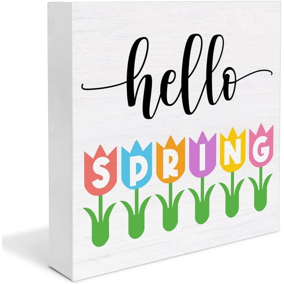 Spring Home Decor Spring Decorations Hello Spring Wooden Sign Decor for Desk Table Shelf Wall 5x5 Inches