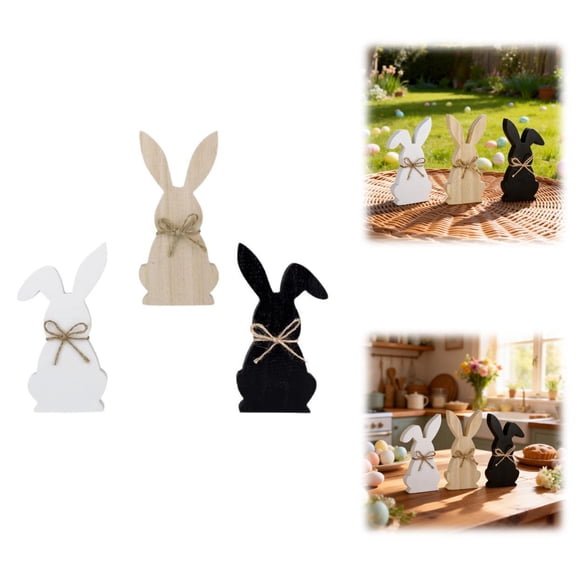 Spring Home & Easter Decor Set, 3-Piece White Natural Black Wooden Bunnies with Jute Bows, Versatile Tabletop Figurines for Living Room, Kitchen, Dining Table, Rustic Holiday Centerpieces