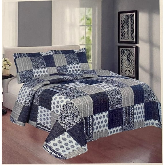 Spring Home Rosy 3-Piece Queen Size Printed Patchwork Cotton Quilt Set - Navy Flower Floral Striped Polka Dots - Stone Washed Lightweight Bedspread, Queen Size …