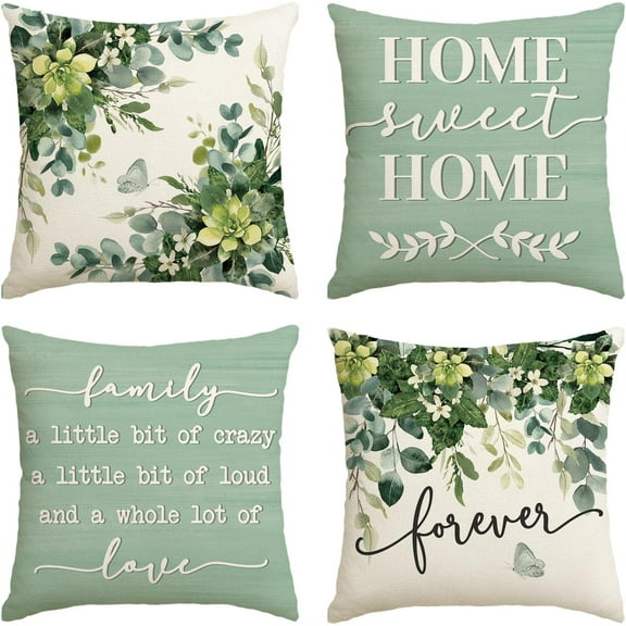 Spring Home Sweet Home Eucalyptus Leaves Throw Pillow Covers, 18 x 18 Inch Seasonal Fall Motto Green Cushion Case for Sofa Couch Set of 4